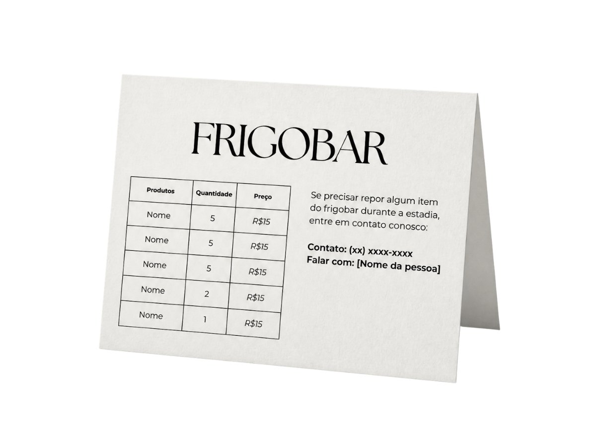 Cartões de frigobar com itens e preços