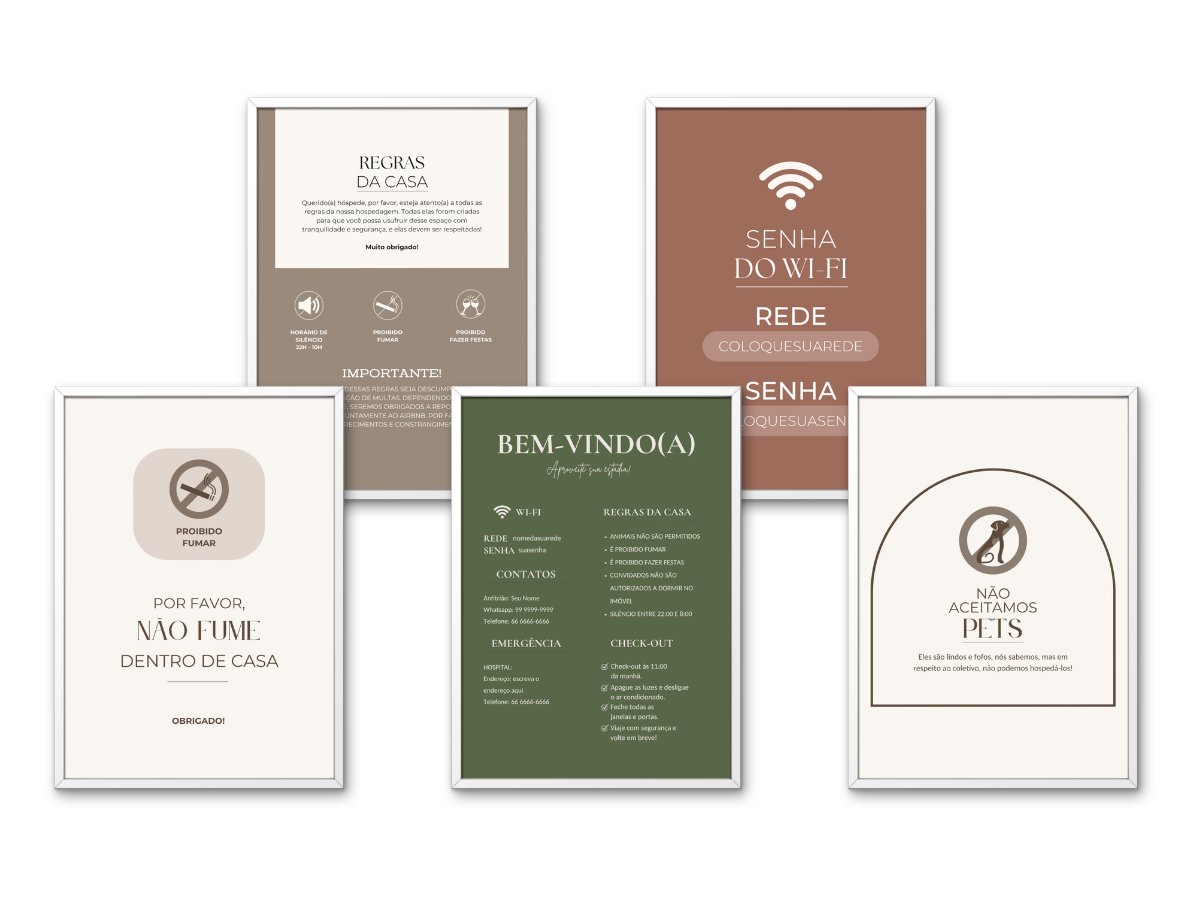 Quadros informativos com regras da casa e wi-fi